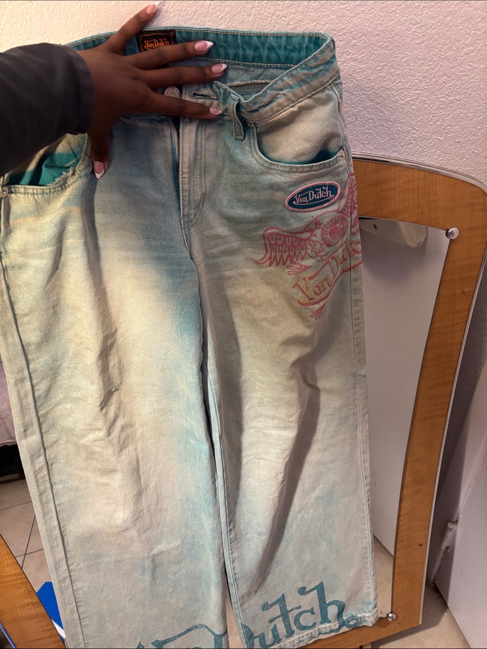 Von Dutch Teal Wash Embroidered Flare Jeans